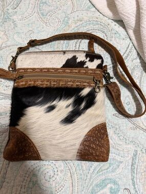 Myra Bag Black and White Cowhide Crossbody with Brown Leather Accents